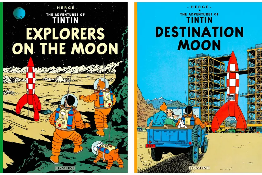 داستان‌های معروف Destination Moon و Explorers on the Moon که لگو راکت ماه تن تن به‌طور مستقیم از آن‌ها الهام می‌گیرد. مقاله بررسی لگو تن تن در دوزشاپ