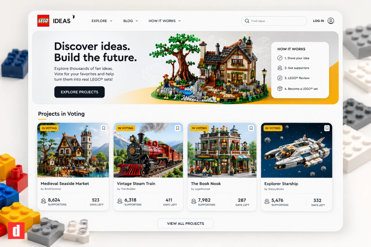 نمایی از صفحه‌ی اصلی پلتفرم LEGO Ideas با چند پروژه‌ی در حال رأی‌گیری